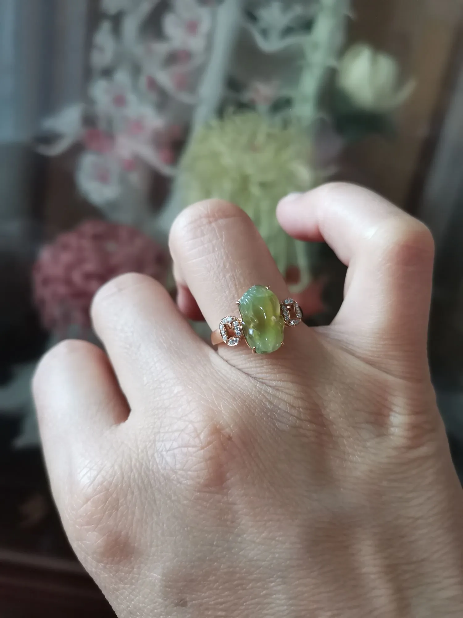 冰糯种黄绿色貔貅招财戒指