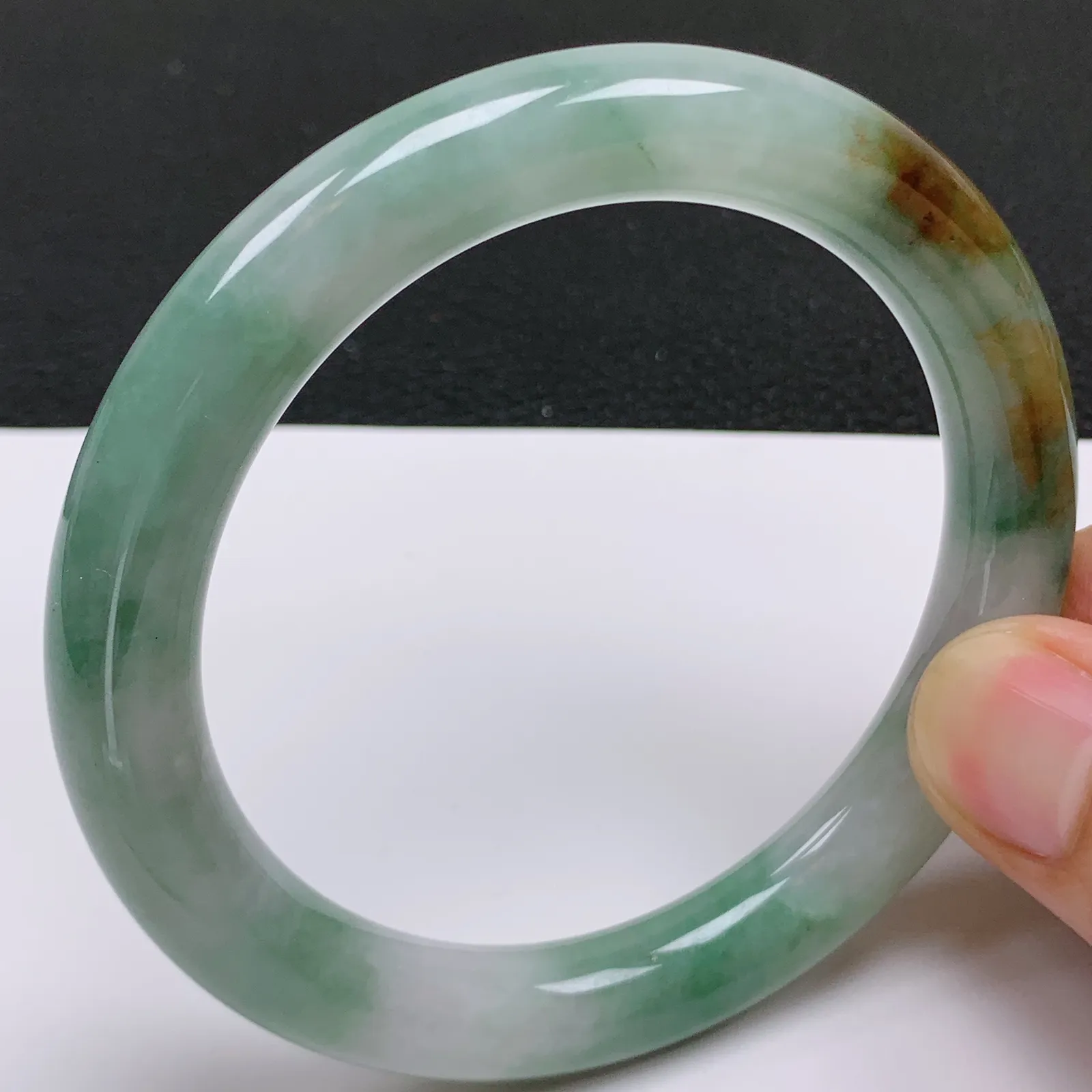 59～60圈口 缅甸天然翡翠A货双彩圆条手镯