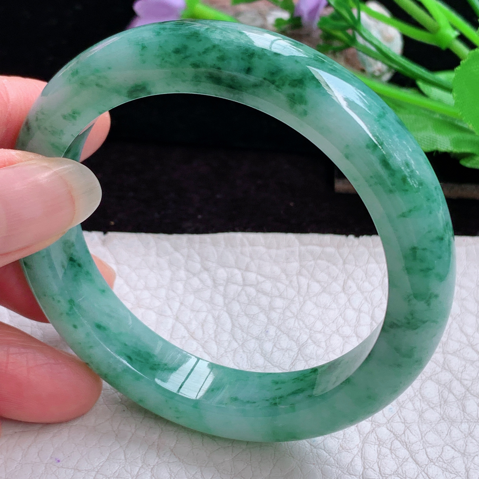 pj实拍54*12*8.5平安镯 天然缅甸翡翠手镯飘花正圈玉镯子