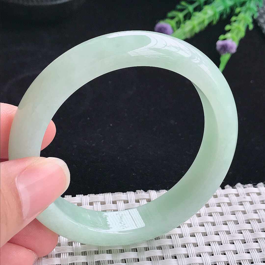 实拍A货翡翠55/12.7/8.5老坑冰润起胶冰晴绿手镯翡翠玉镯手环