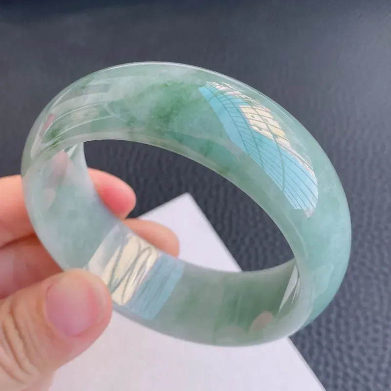 轮胎款正圈手镯,圈口:58mm 天然翡翠a货飘花宽版手镯,编号12.02-huang