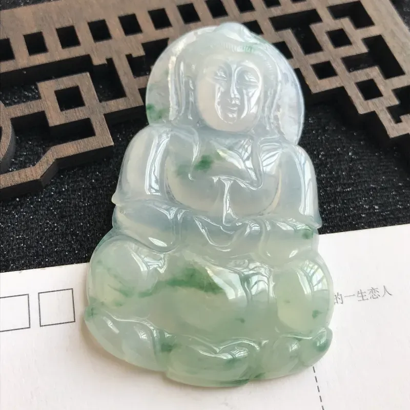 【编号:md203,翡翠A货,飘花赐福观音吊坠,尺寸:70*43.3*6mm】图6