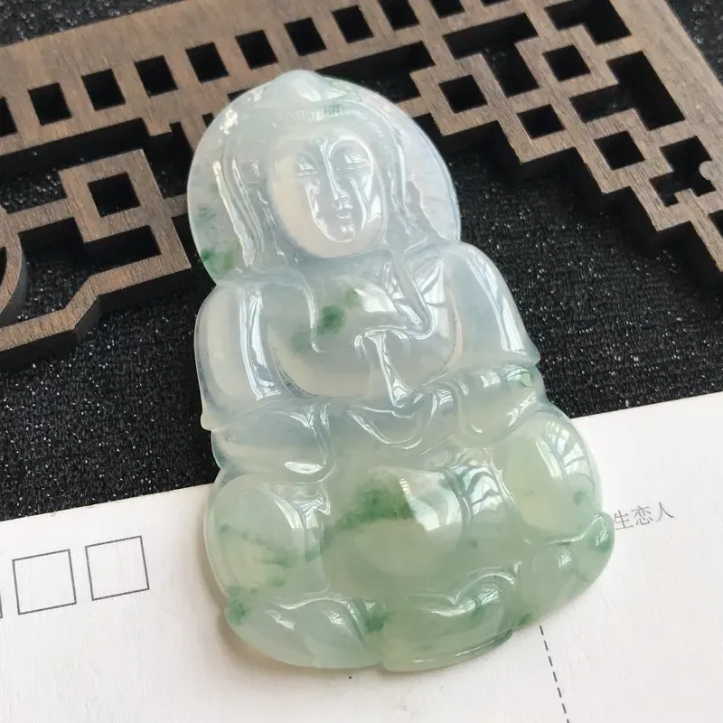 【编号:md203,翡翠A货,飘花赐福观音吊坠,尺寸:70*43.3*6mm】图5