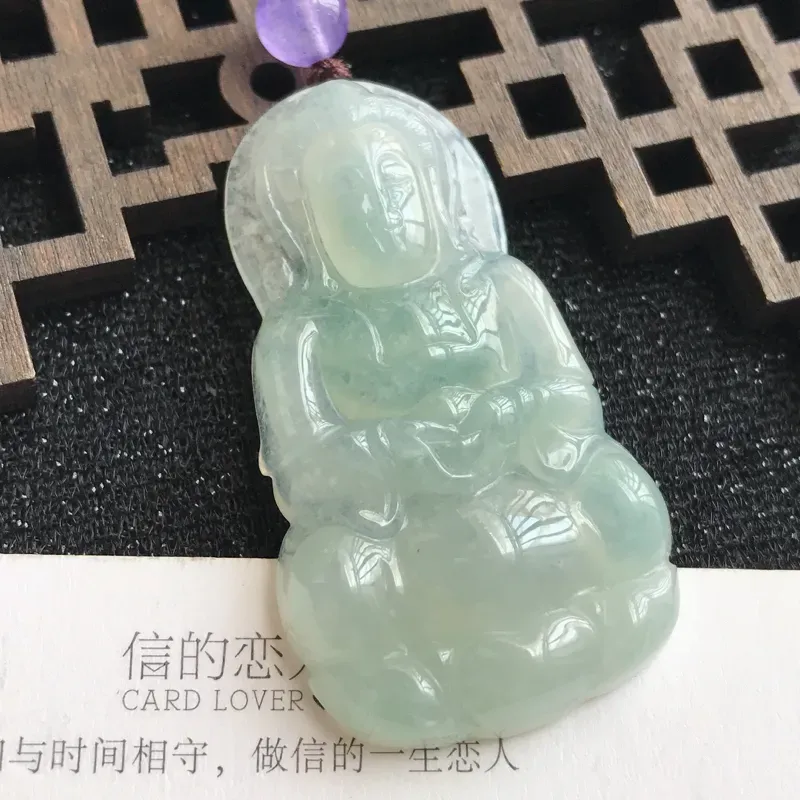 【编号:md203,翡翠A货,种水好赐福观音吊坠,尺寸:45*26.2*6.2mm,顶珠是装饰品】图1