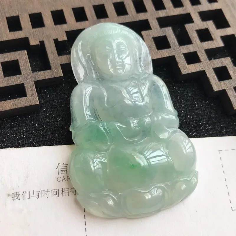 【编号:md203,翡翠A货,飘绿赐福观音吊坠,尺寸:55.8*34.8*6mm】图3