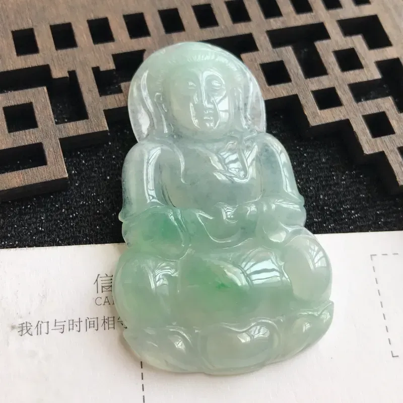 【编号:md203,翡翠A货,飘绿赐福观音吊坠,尺寸:55.8*34.8*6mm】图1
