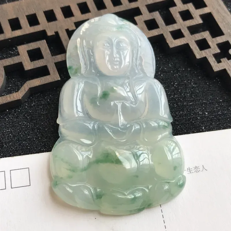 【编号:md203,翡翠A货,飘花赐福观音吊坠,尺寸:70*43.3*6mm】图2