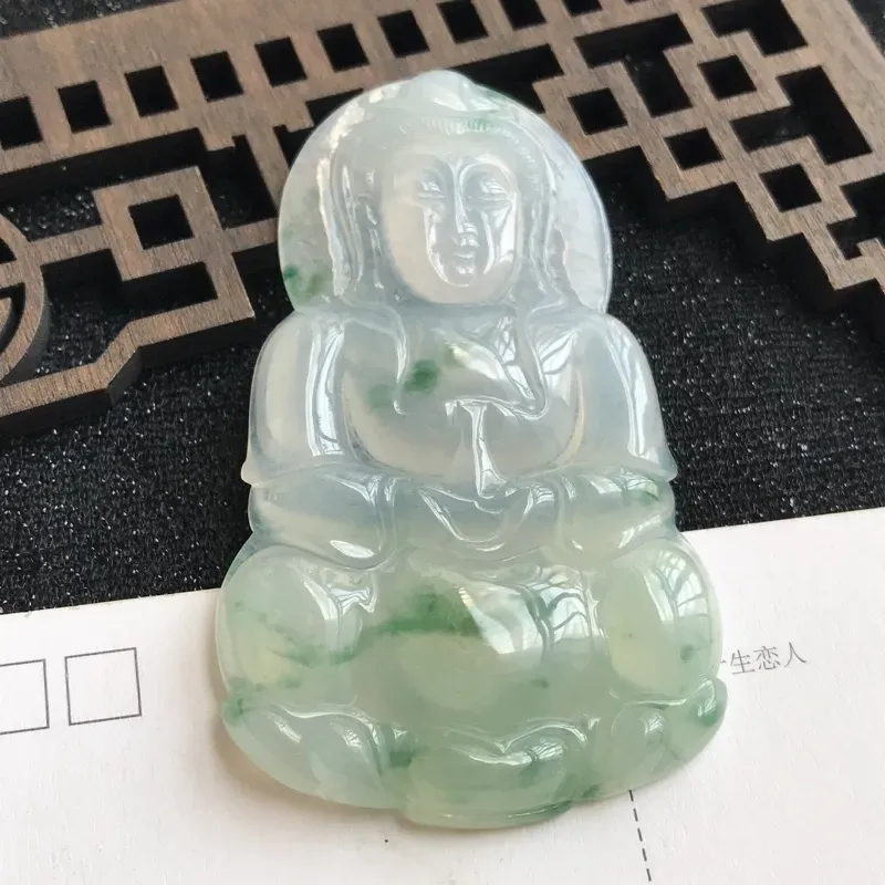 【编号:md203,翡翠A货,飘花赐福观音吊坠,尺寸:70*43.3*6mm】图4