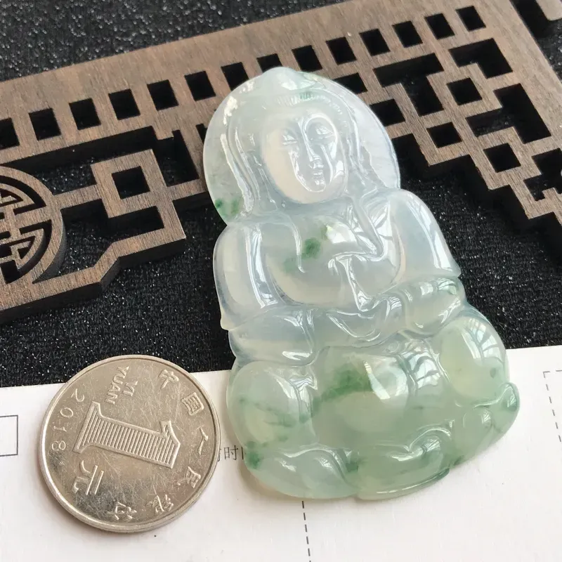 【编号:md203,翡翠A货,飘花赐福观音吊坠,尺寸:70*43.3*6mm】图9