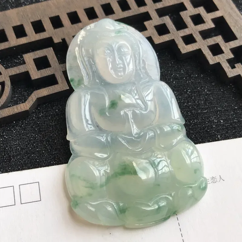 【编号:md203,翡翠A货,飘花赐福观音吊坠,尺寸:70*43.3*6mm】图1
