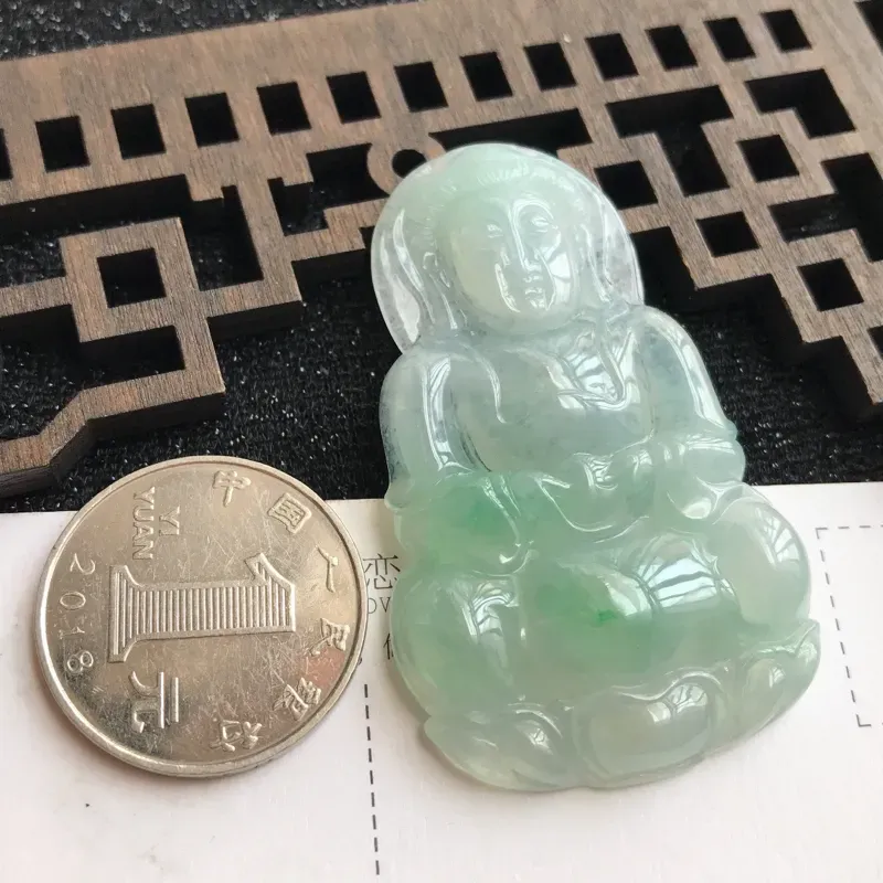 【编号:md203,翡翠A货,飘绿赐福观音吊坠,尺寸:55.8*34.8*6mm】图8