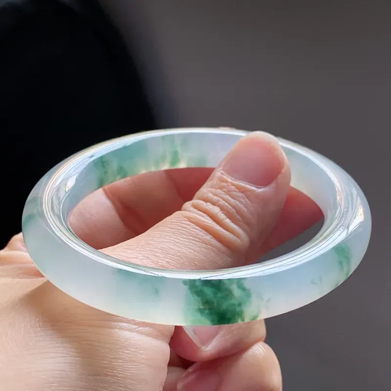 【【精选玉镯】高品质冰飘花手镯、圈口:53.2mm 天然翡翠A货冰飘花起光圆条手镯、编号2.23-huang】图1