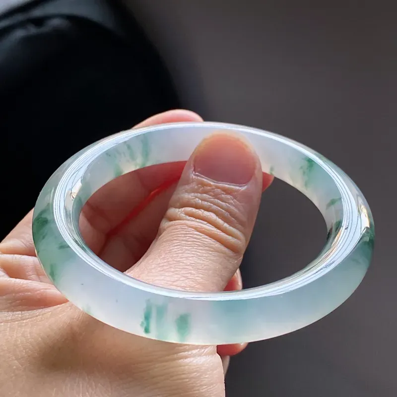 【【精选玉镯】高品质冰飘花手镯、圈口:53.2mm 天然翡翠A货冰飘花起光圆条手镯、编号2.23-huang】图5