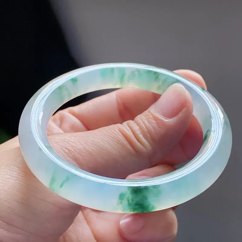 【【精选玉镯】高品质冰飘花手镯、圈口:53.2mm 天然翡翠A货冰飘花起光圆条手镯、编号2.23-huang】图6