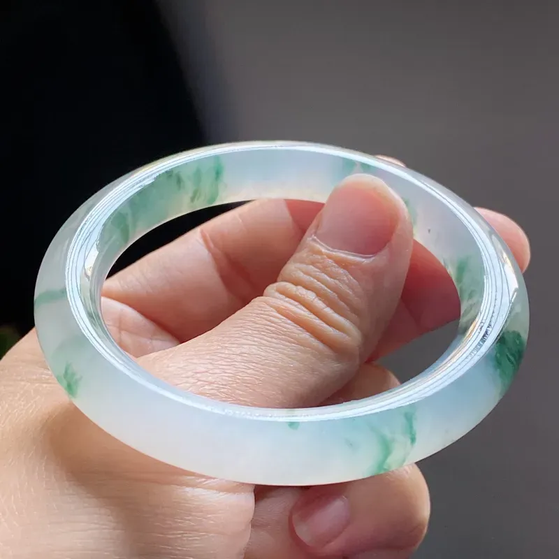 【【精选玉镯】高品质冰飘花手镯、圈口:53.2mm 天然翡翠A货冰飘花起光圆条手镯、编号2.23-huang】图3