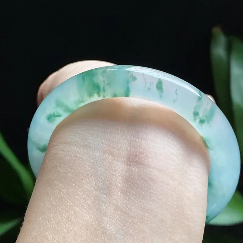 【【精选玉镯】高品质冰飘花手镯、圈口:53.2mm 天然翡翠A货冰飘花起光圆条手镯、编号2.23-huang】图7