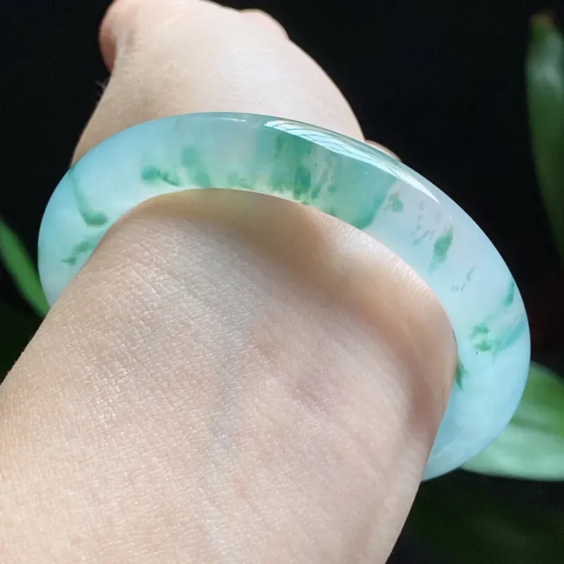 【【精选玉镯】高品质冰飘花手镯、圈口:53.2mm 天然翡翠A货冰飘花起光圆条手镯、编号2.23-huang】图11