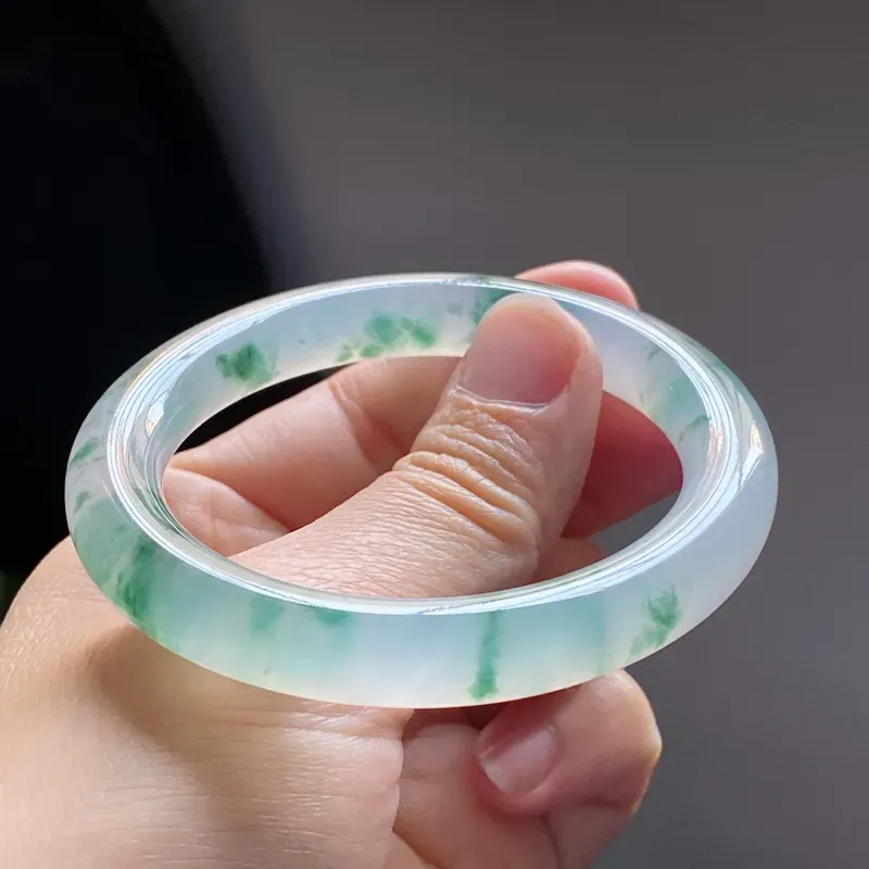 【【精选玉镯】高品质冰飘花手镯、圈口:53.2mm 天然翡翠A货冰飘花起光圆条手镯、编号2.23-huang】图9