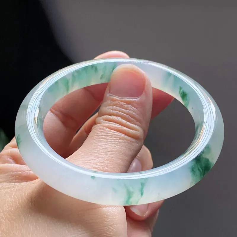 【【精选玉镯】高品质冰飘花手镯、圈口:53.2mm 天然翡翠A货冰飘花起光圆条手镯、编号2.23-huang】图2