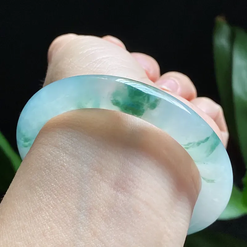 【【精选玉镯】高品质冰飘花手镯、圈口:53.2mm 天然翡翠A货冰飘花起光圆条手镯、编号2.23-huang】图10