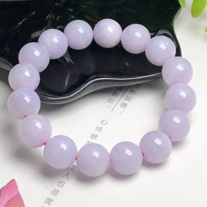 糯种粉紫翡翠珠链手串、直径13.3毫米、质地细腻、色彩鲜艳、ADA267C2