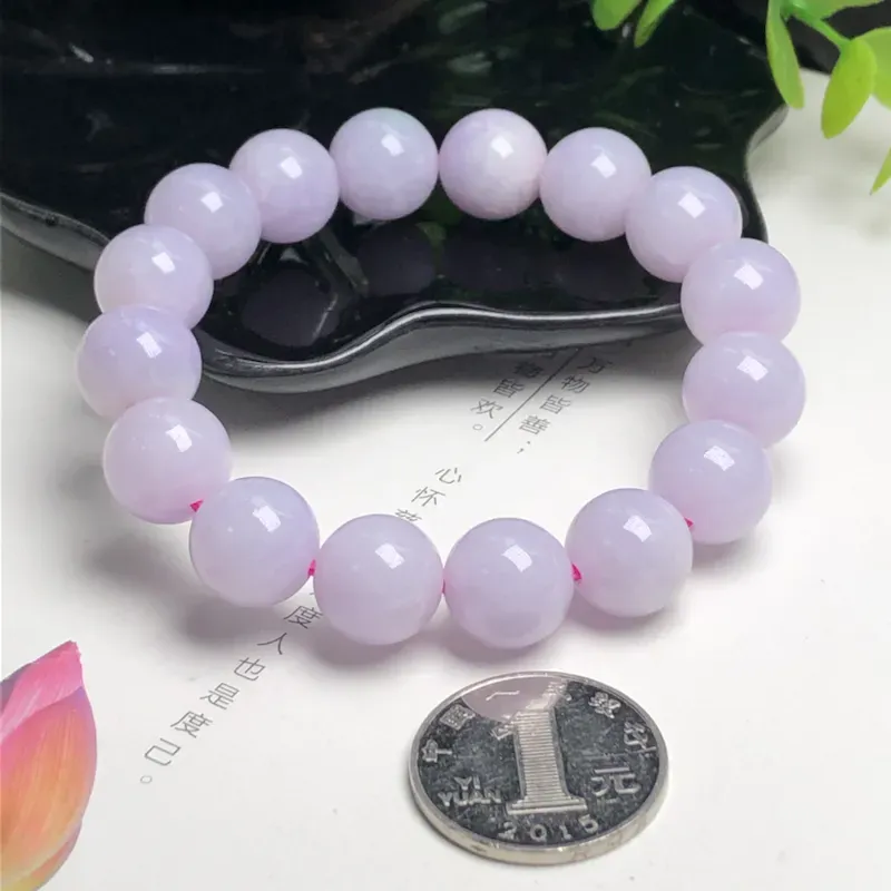 糯种粉紫翡翠珠链手串、直径13.3毫米、质地细腻、色彩鲜艳、ADA267C2