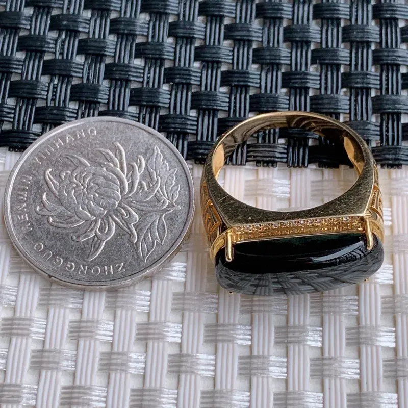 墨翠戒指、裸石尺寸：8.1/20.7/5mm、A货翡翠18k金伴钻墨翠戒指、编号0301dz