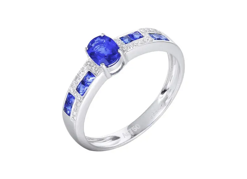 【18k金镶蓝宝石戒指 宝石参数:0.45+0.38ct 配石:钻石28颗,总重2.07克,圈口:14号(可改圈)】图4