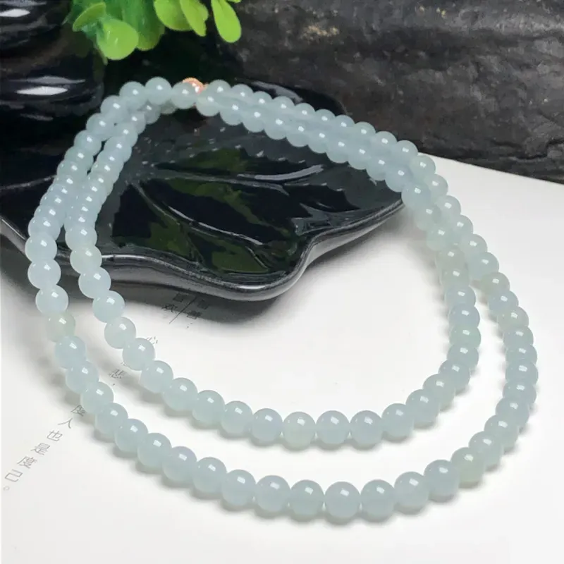 糯种天空蓝翡翠珠链项链、108颗、直径6.9毫米、质地细腻、水润光泽、隔珠是装饰品、ADA216C15