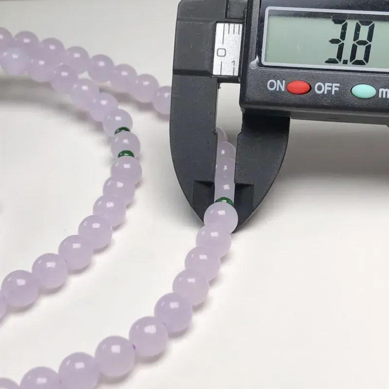 冰糯种粉紫翡翠珠链项链、108颗、直径6.6毫米、质地细腻、水润光泽、隔珠是装饰品、ADA267C3
