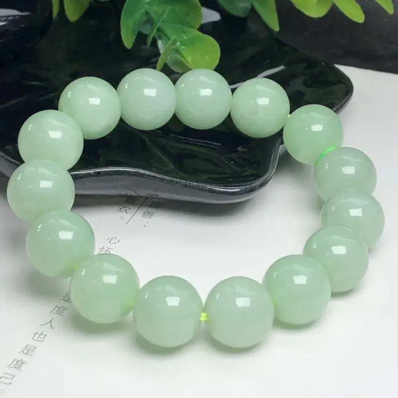 糯种青提绿翡翠珠链手串、直径14.7毫米、质地细腻、色泽均匀、ADA028C16