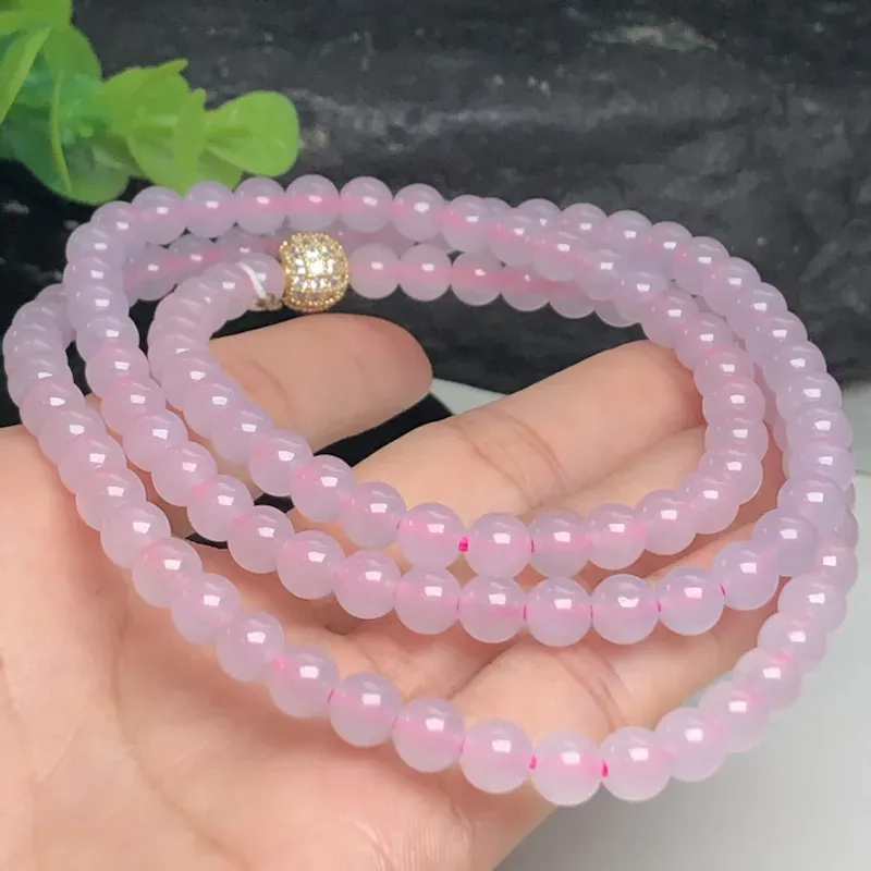 冰糯种粉紫翡翠珠链项链、118颗、直径5.9毫米、质地细腻、色彩鲜艳、隔珠是装饰品、ADA031C28