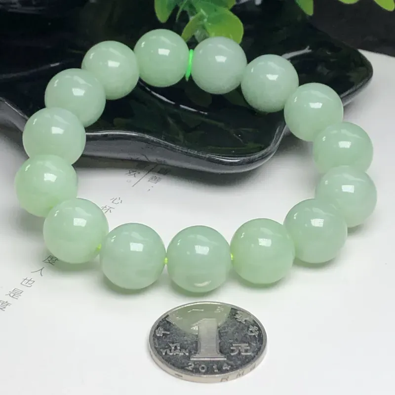 糯种青提绿翡翠珠链手串、直径14.7毫米、质地细腻、色泽均匀、ADA028C16