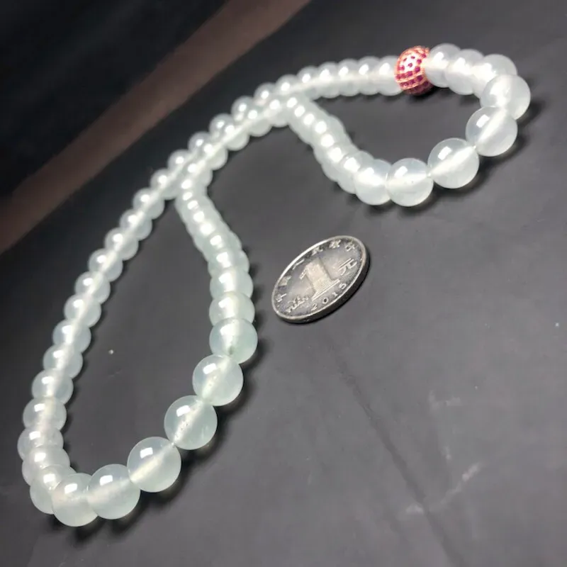 冰种白冰翡翠珠链项链，78颗，直径10.2毫米，质地细腻，冰透水润，水润光泽，隔珠是装饰品，A001AEO