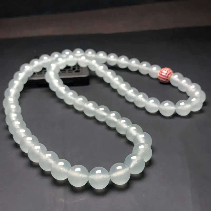 冰种白冰翡翠珠链项链，78颗，直径10.2毫米，质地细腻，冰透水润，水润光泽，隔珠是装饰品，A001AEO