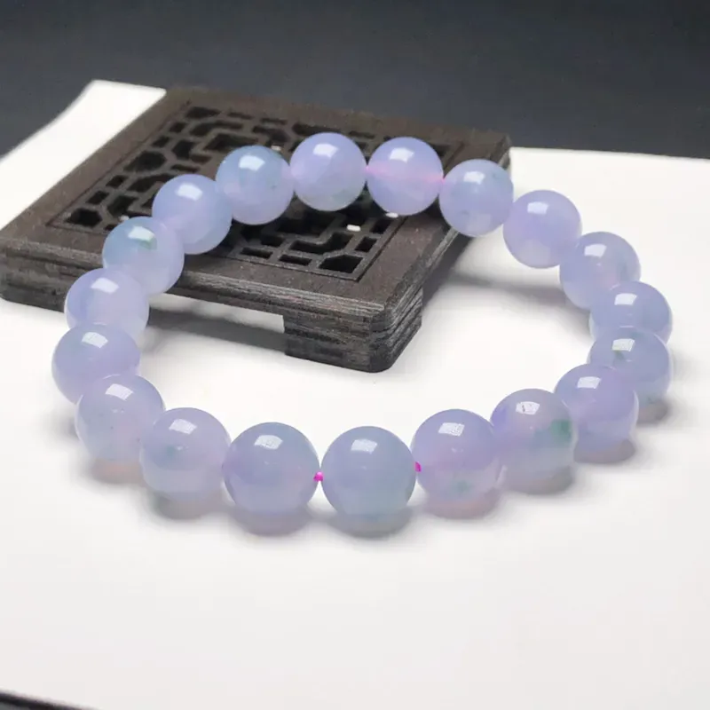 糯种蓝紫飘花翡翠珠链手串，直径9.9毫米，质地细腻，水润光泽，A318AGN