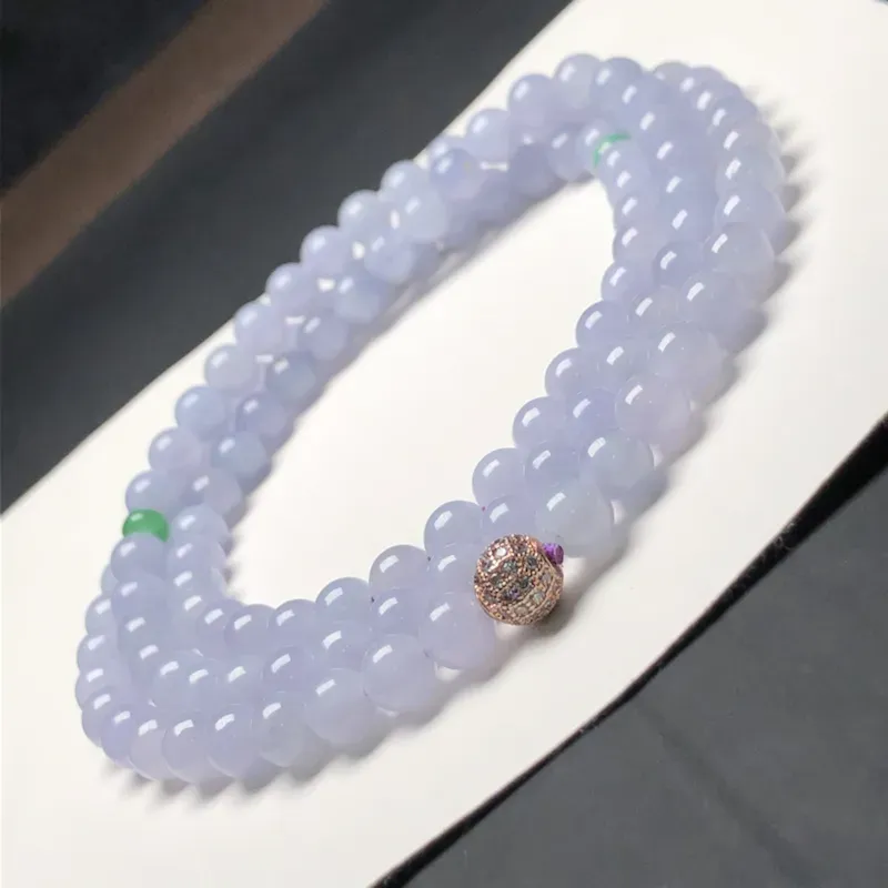 糯种蓝紫翡翠珠链项链，108颗，直径6.8毫米，质地细腻，水润光泽，隔珠是装饰品，A219EN