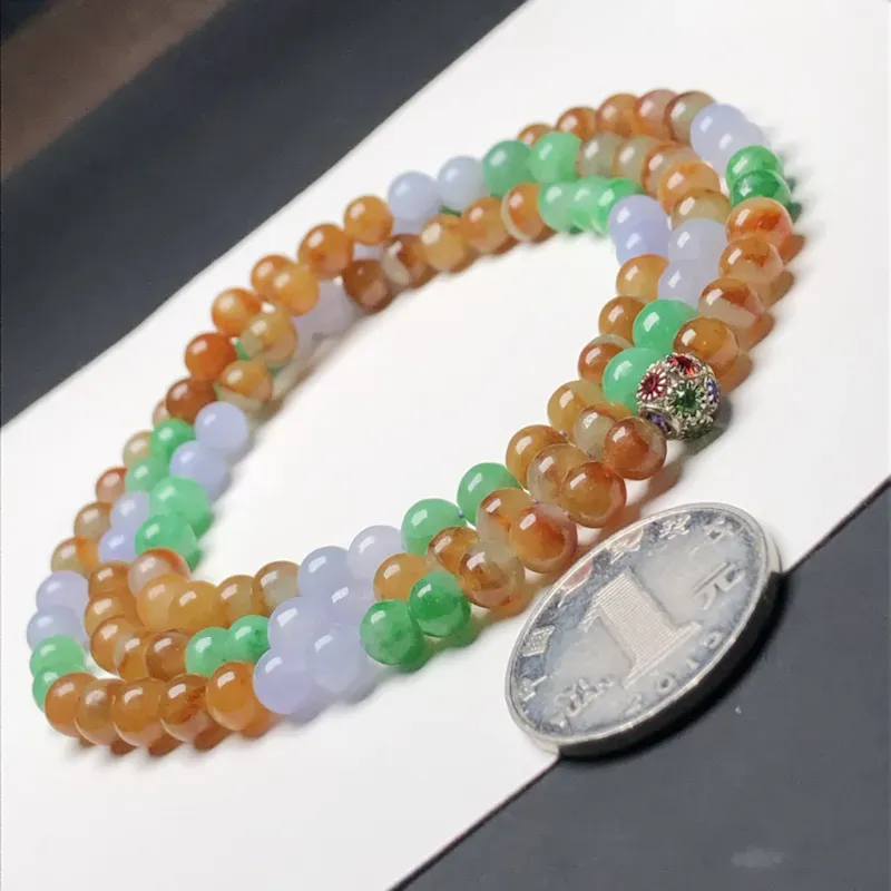 糯种三彩翡翠珠链项链，112颗，直径6.0毫米，质地细腻，色彩鲜艳，隔珠是装饰品，A219CN