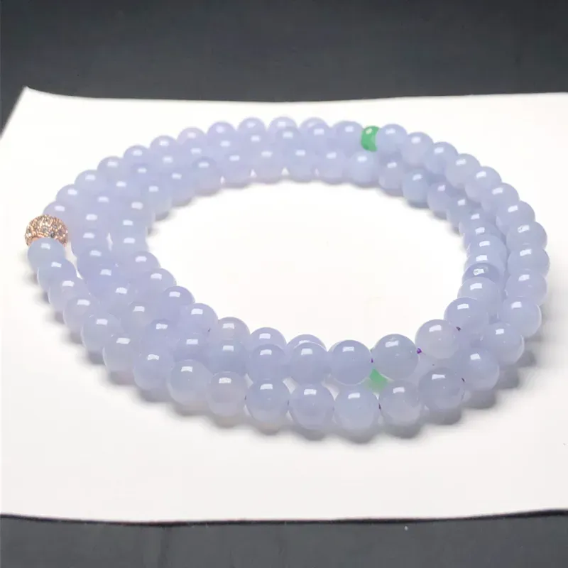 糯种蓝紫翡翠珠链项链，108颗，直径6.8毫米，质地细腻，水润光泽，隔珠是装饰品，A219EN