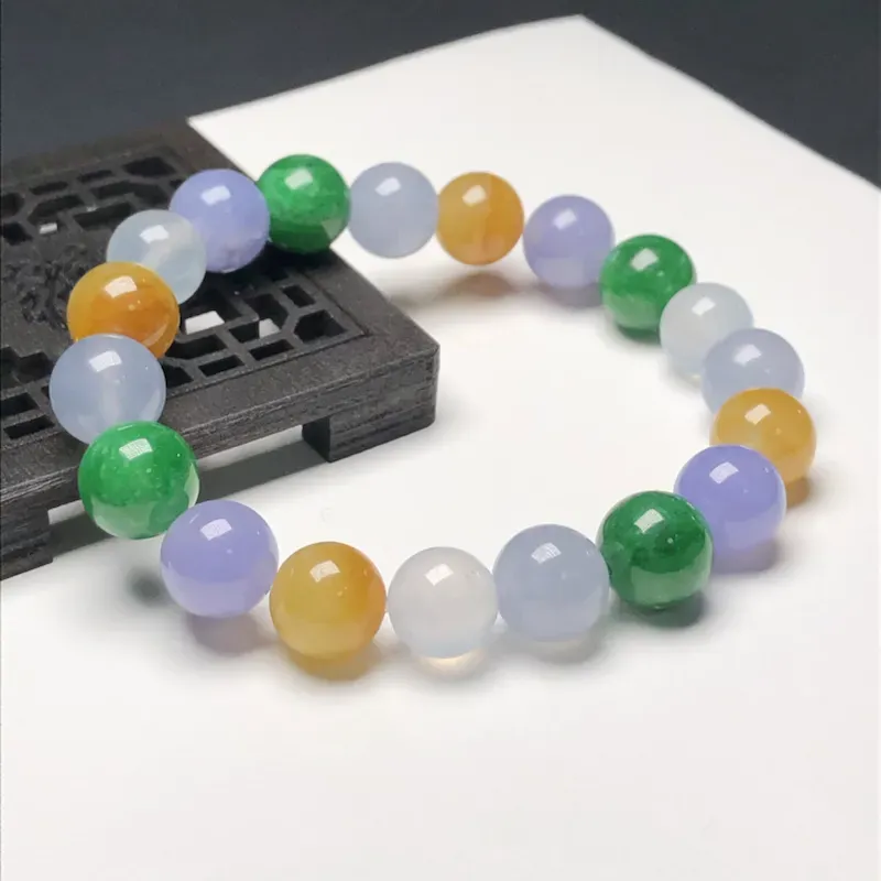 糯化种多彩翡翠珠链手串，直径9.6毫米，质地细腻，色彩鲜艳，A345EO