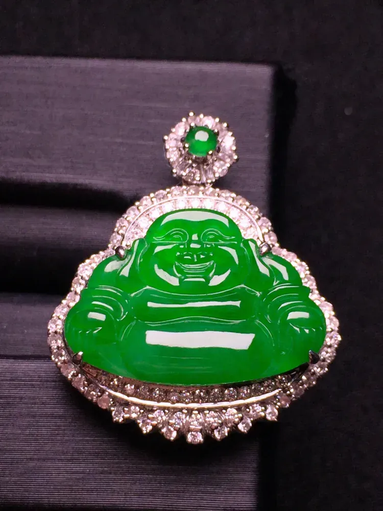 缅甸天然a货翡翠冰种如来佛祖吊坠,18k金镶嵌,玉质细腻饱满,彩宝点缀