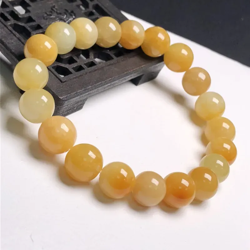 糯化种黄翡翠珠链手串、直径9.8毫米、质地细腻、色彩鲜艳、A379B9281