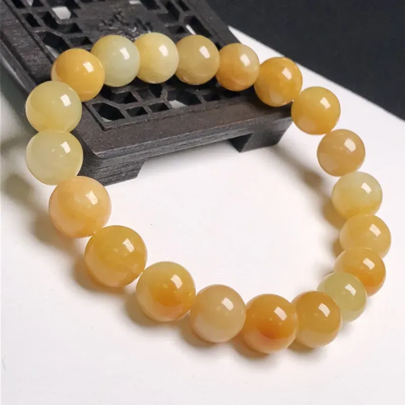 糯化种黄翡翠珠链手串、直径9.8毫米、质地细腻、色彩鲜艳、A379B9281
