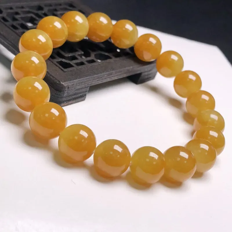 冰糯种黄翡翠珠链手串、直径10.0毫米、质地细腻、色彩鲜艳、A092D2896