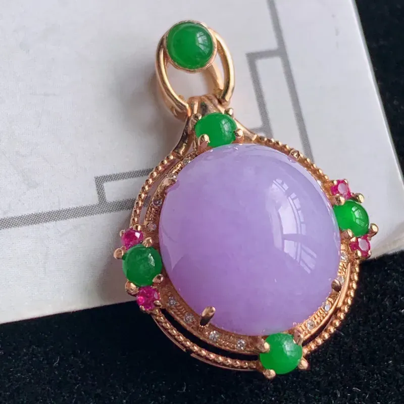 翡翠a货18k金伴钻石豪华镶嵌冰糯种紫罗兰蛋面吊坠,金:25.9*16.