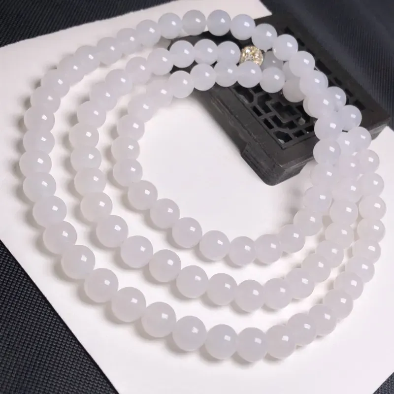 糯化种奶白色翡翠珠链项链,98颗,直径7.