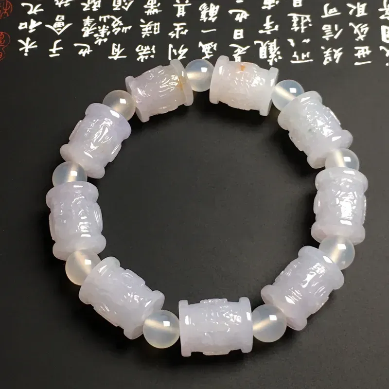 糯化种六字真言路路通手串 9颗 质地细腻 雕工精湛 款式时尚 隔珠为装饰品