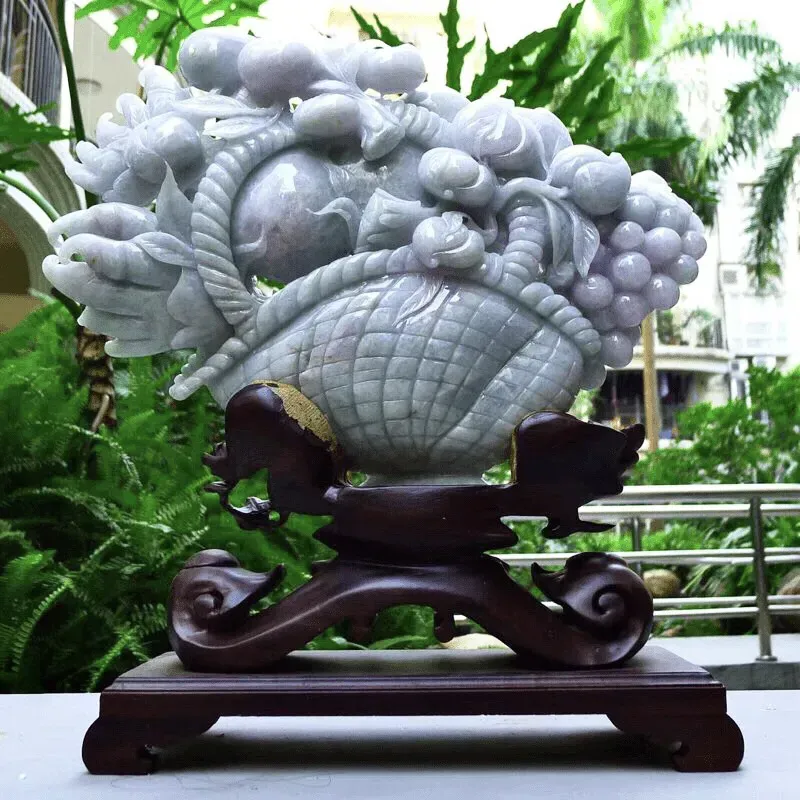 翡翠A货老坑水润春带彩富贵满篮多子多福福禄寿花篮摆件  裸石尺寸： 300/400/60连底坐：450/410/130mm  重量：8.88kg