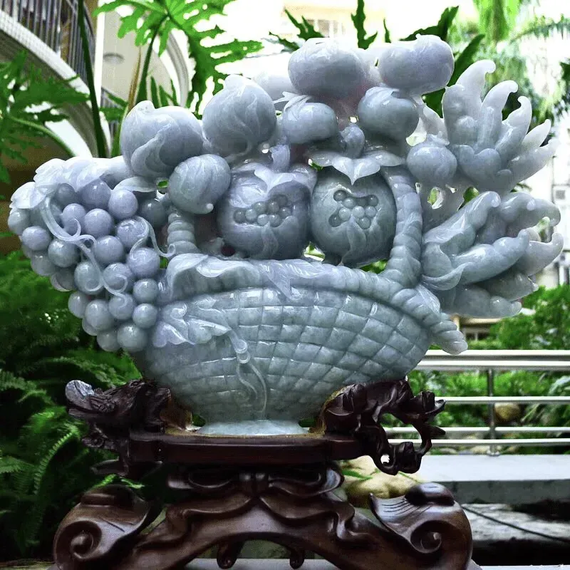 翡翠A货老坑水润春带彩富贵满篮多子多福福禄寿花篮摆件  裸石尺寸： 300/400/60连底坐：450/410/130mm  重量：8.88kg