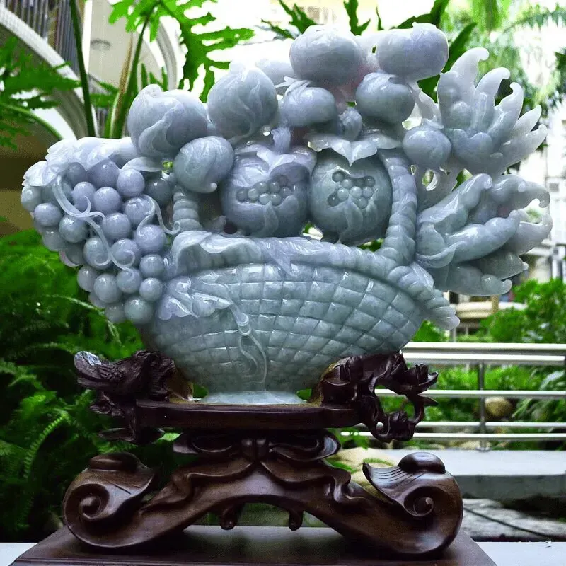 翡翠A货老坑水润春带彩富贵满篮多子多福福禄寿花篮摆件  裸石尺寸： 300/400/60连底坐：450/410/130mm  重量：8.88kg